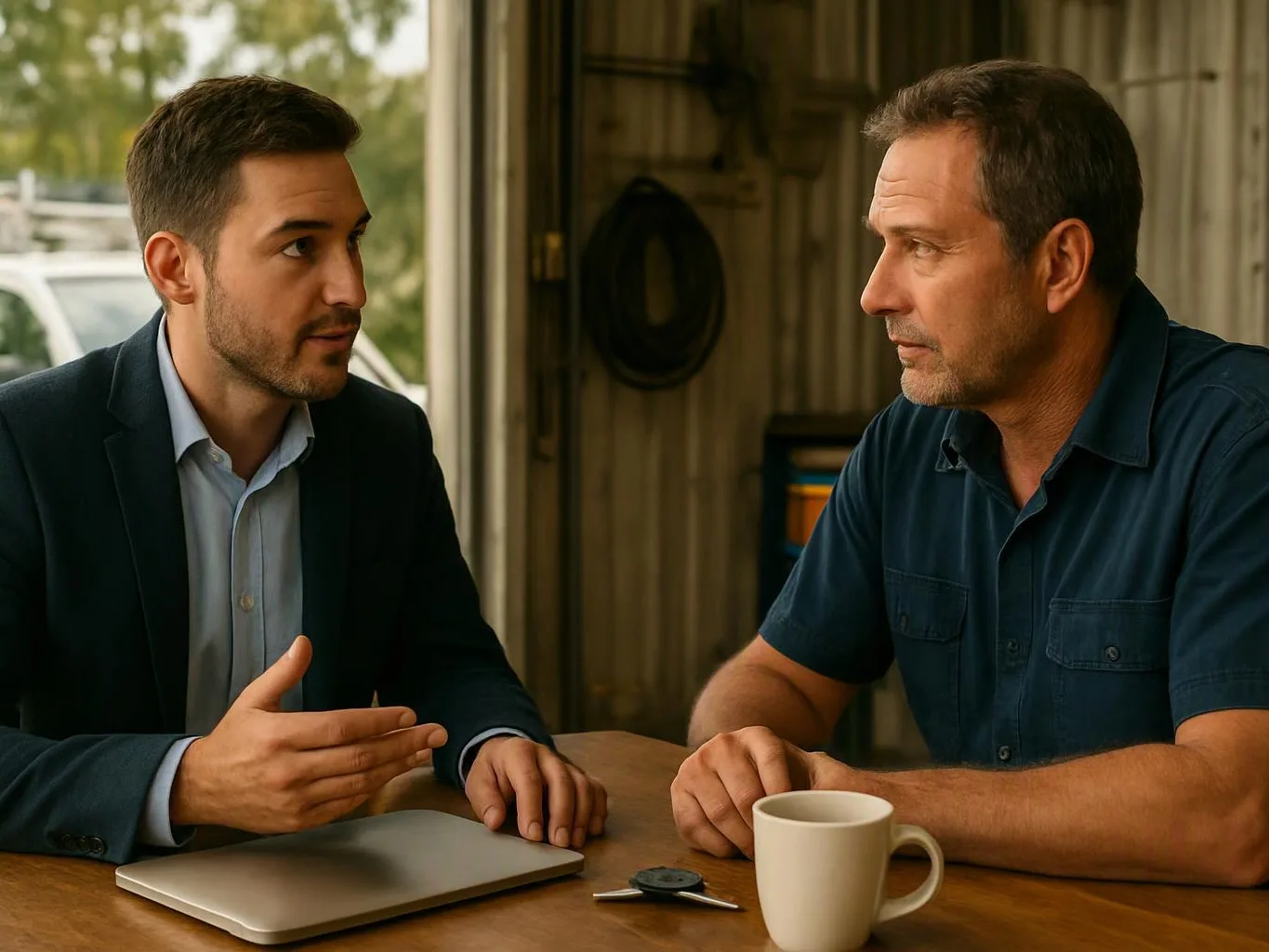 Two men sit at a wooden table, talking beside a closed laptop and a white mug in a garage-like space