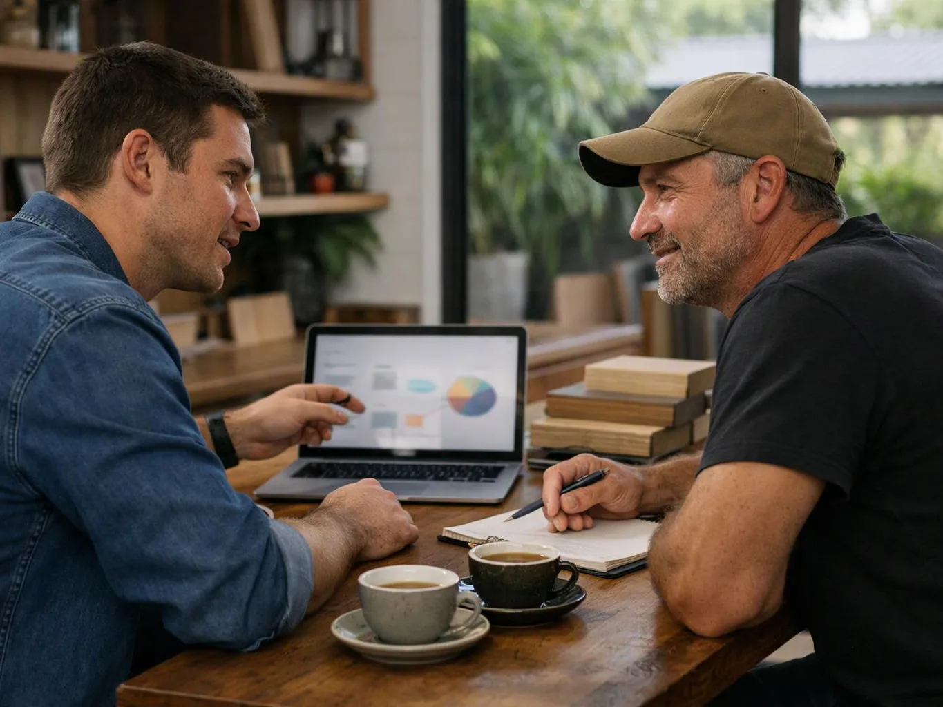 Two men sit at a wooden table, talking over a laptop, notebooks, and cups of coffee in a bright room