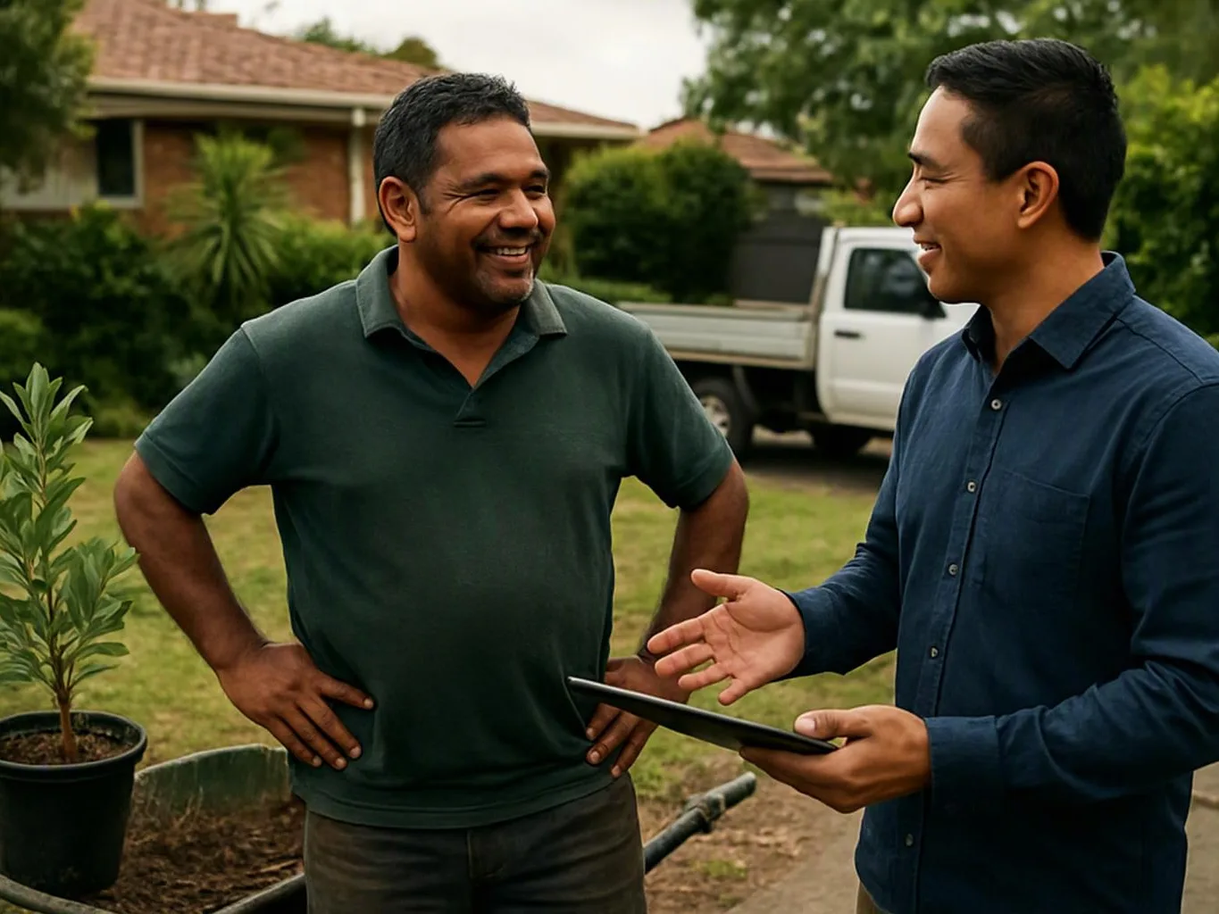 Two men smile and talk in a suburban yard, one holding a tablet beside a parked white truck