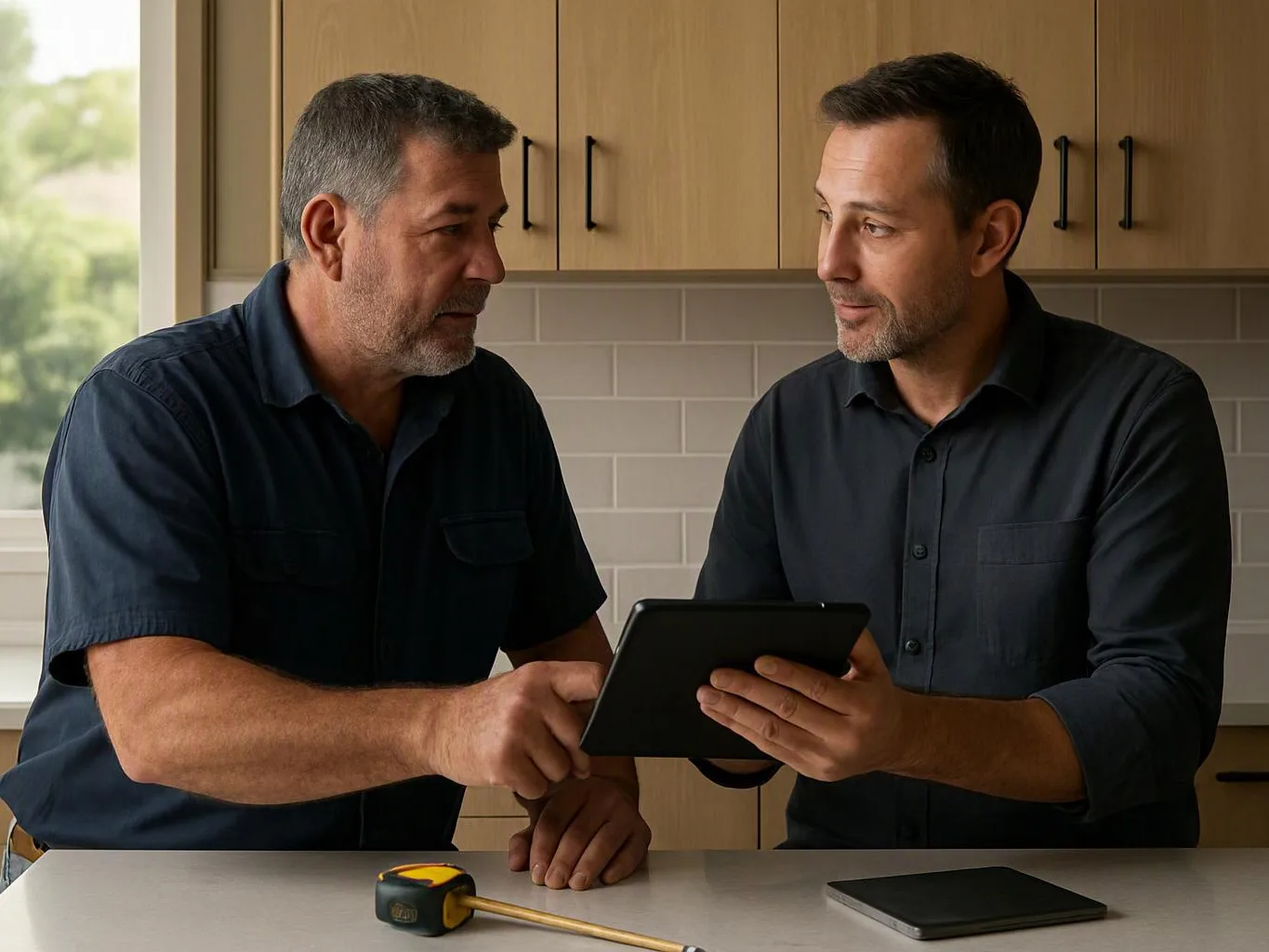 Two men stand in a kitchen, sharing a tablet near a counter with a tape measure and notebook