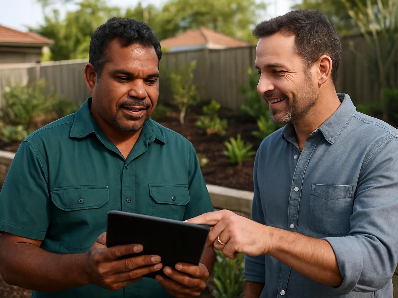 Two men stand outdoors in a garden, looking at a tablet and smiling together