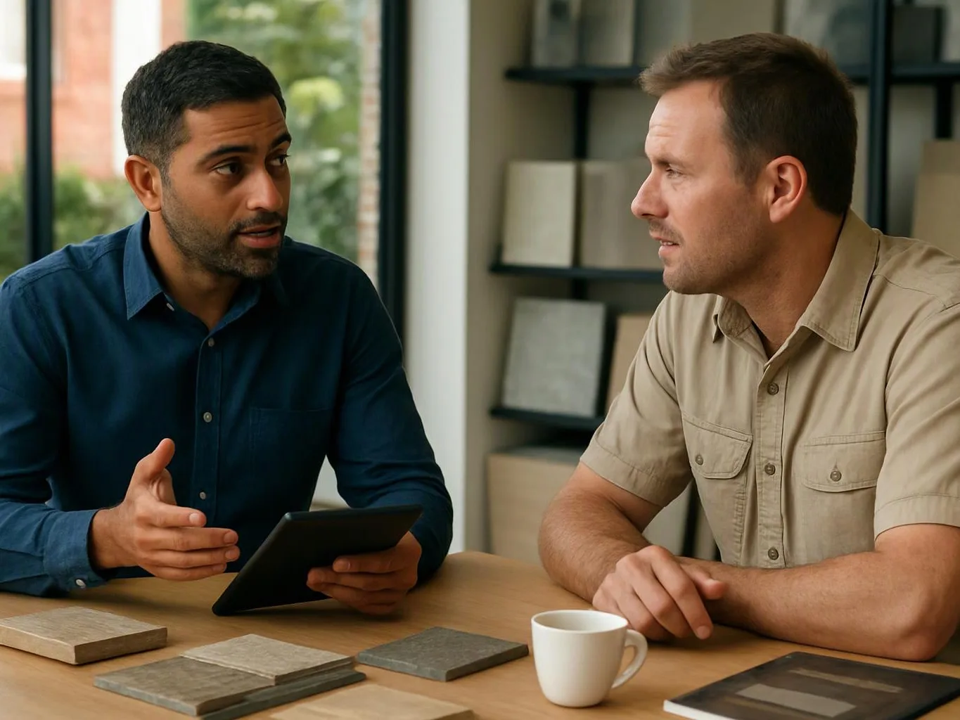 Two men talk across a table while one holds a tablet beside tile samples and a coffee mug