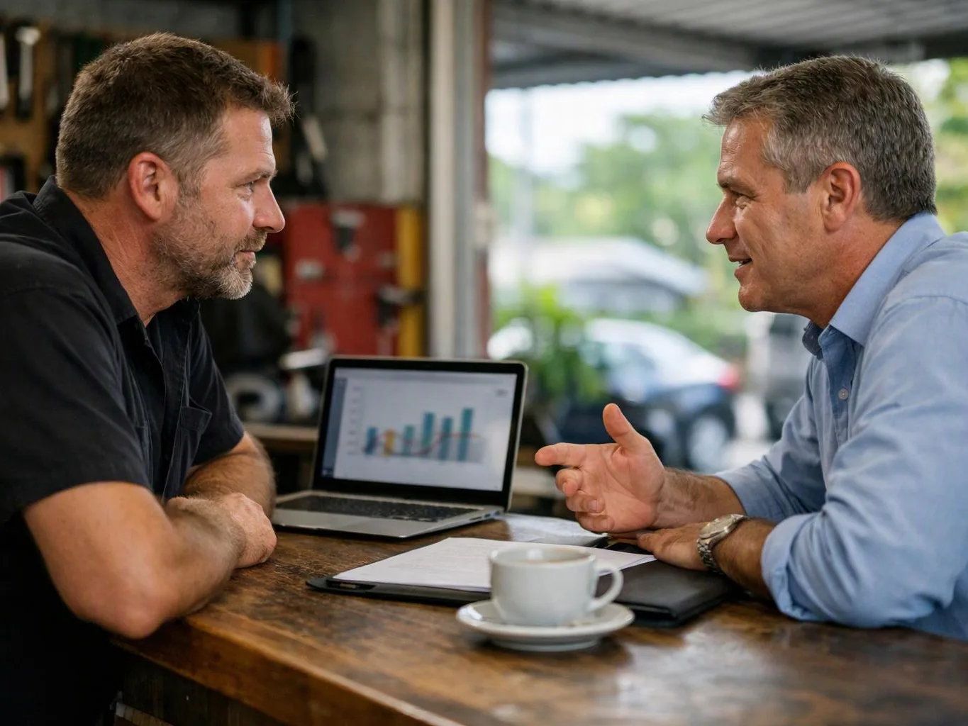 Two men talk across a wooden table with a laptop chart, notebook, and coffee cup in a workshop setting