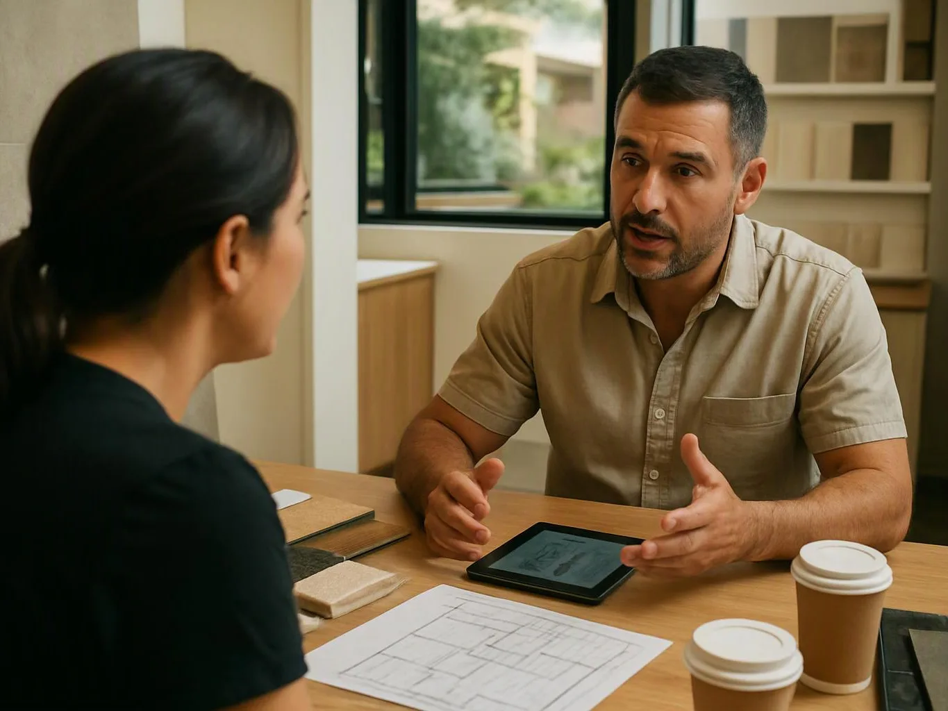Two people discuss papers and a tablet across a desk in a bright office room