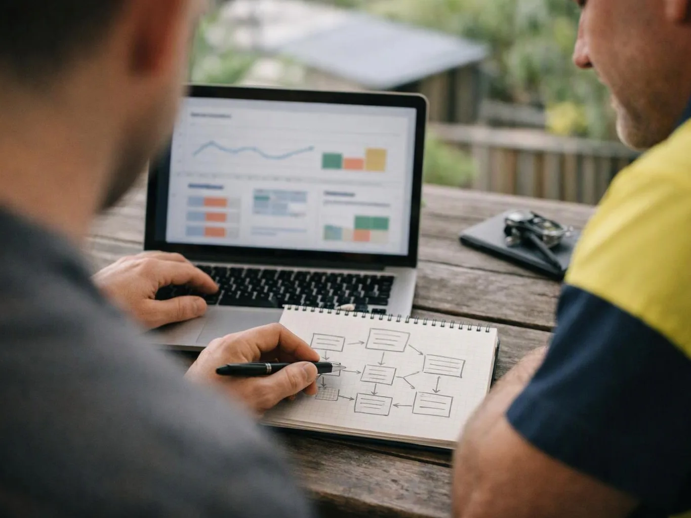 Two people review charts on a laptop while one sketches a flowchart in a notebook outdoors