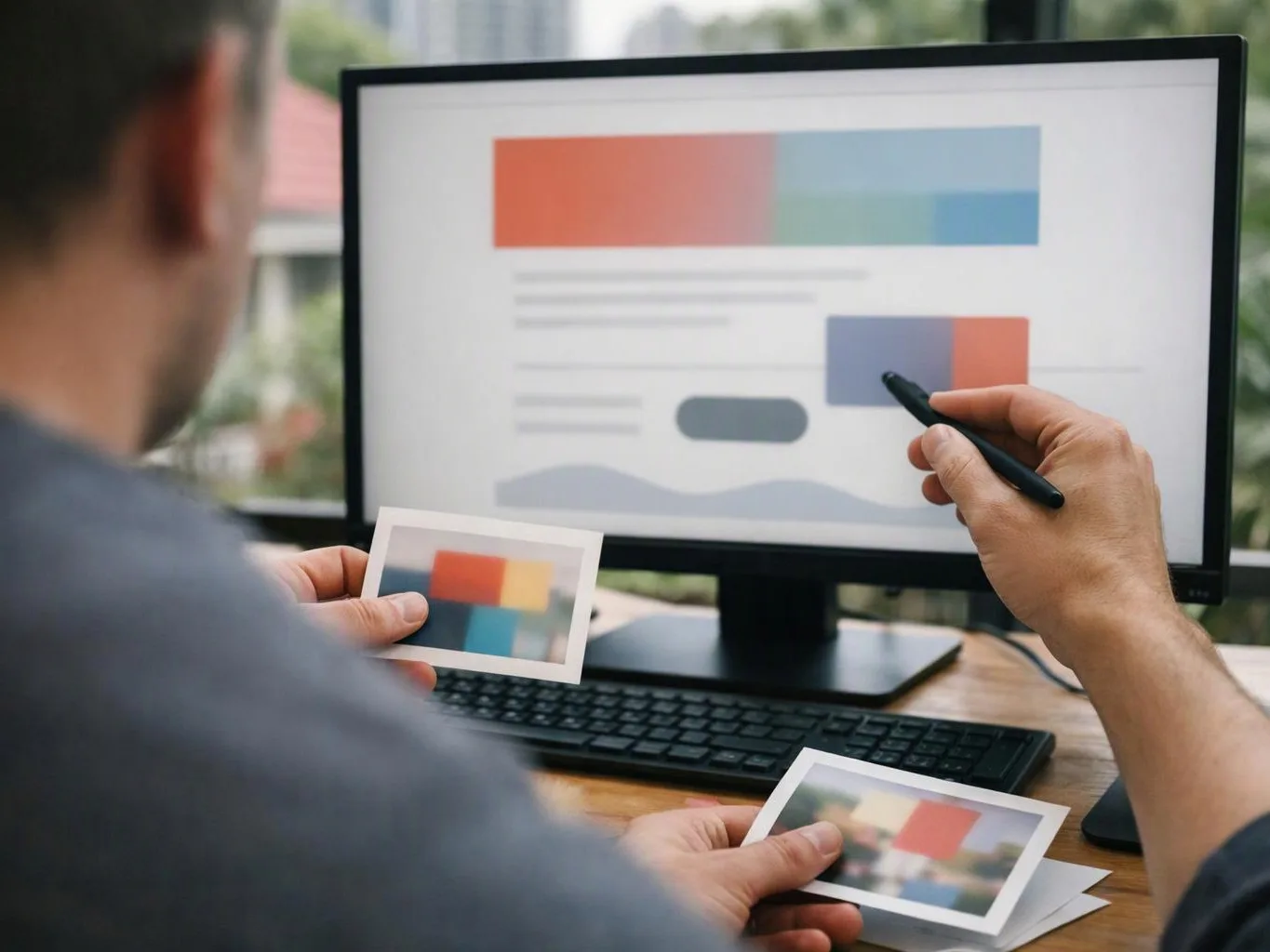 Two people review color printouts while one points at a design mockup on a desktop monitor