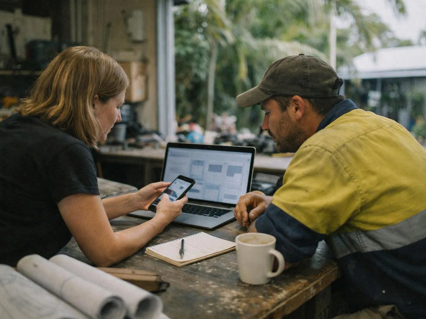 Two people sit at a table, looking at a laptop and phone in a casual outdoor workspace