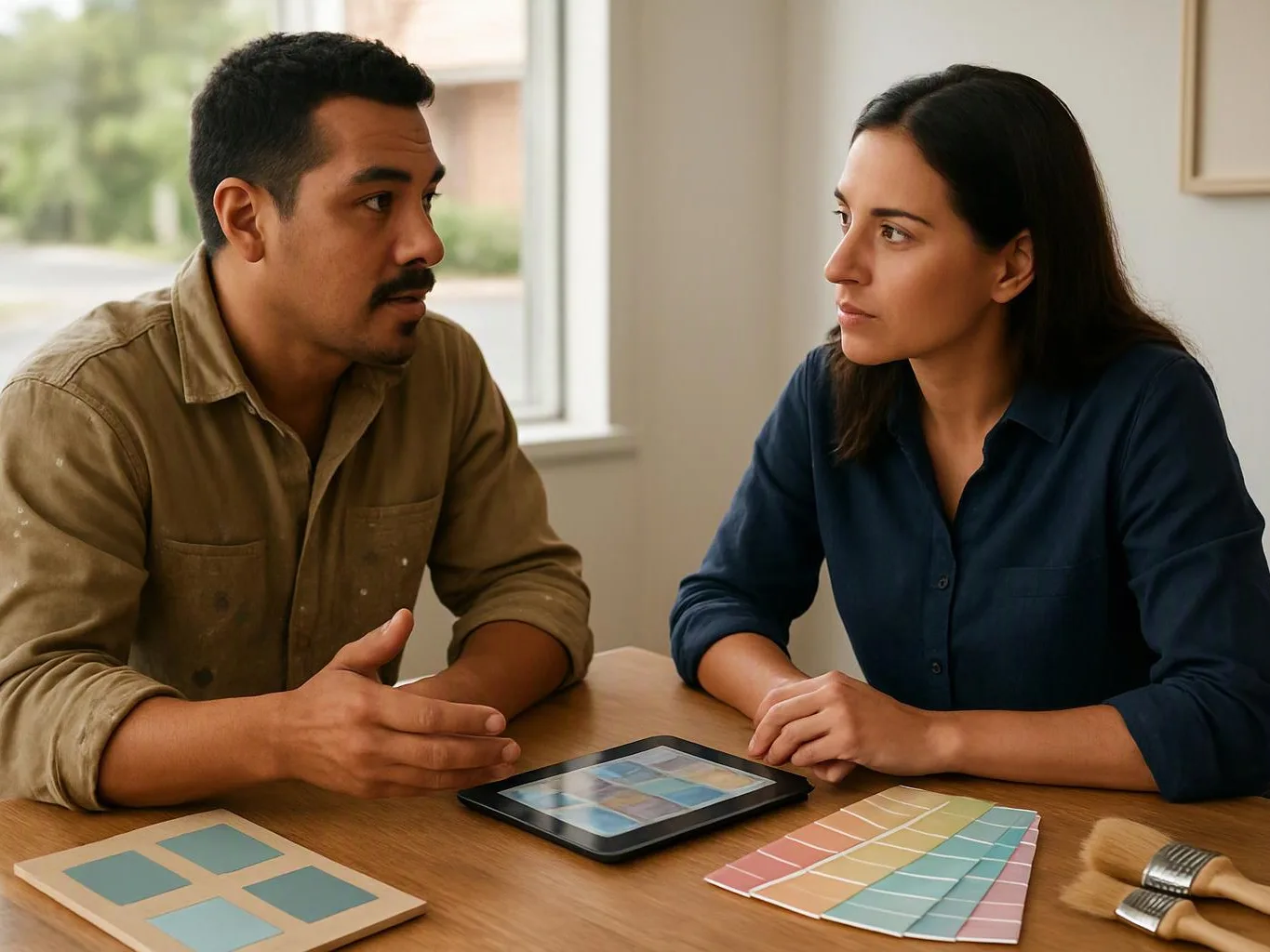 Two people sit at a table reviewing colour swatches and a tablet in a bright room