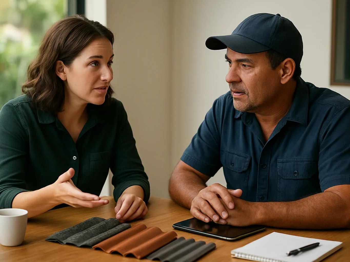 Two people sit at a table, talking over fabric samples, a tablet, and a notebook in a bright room