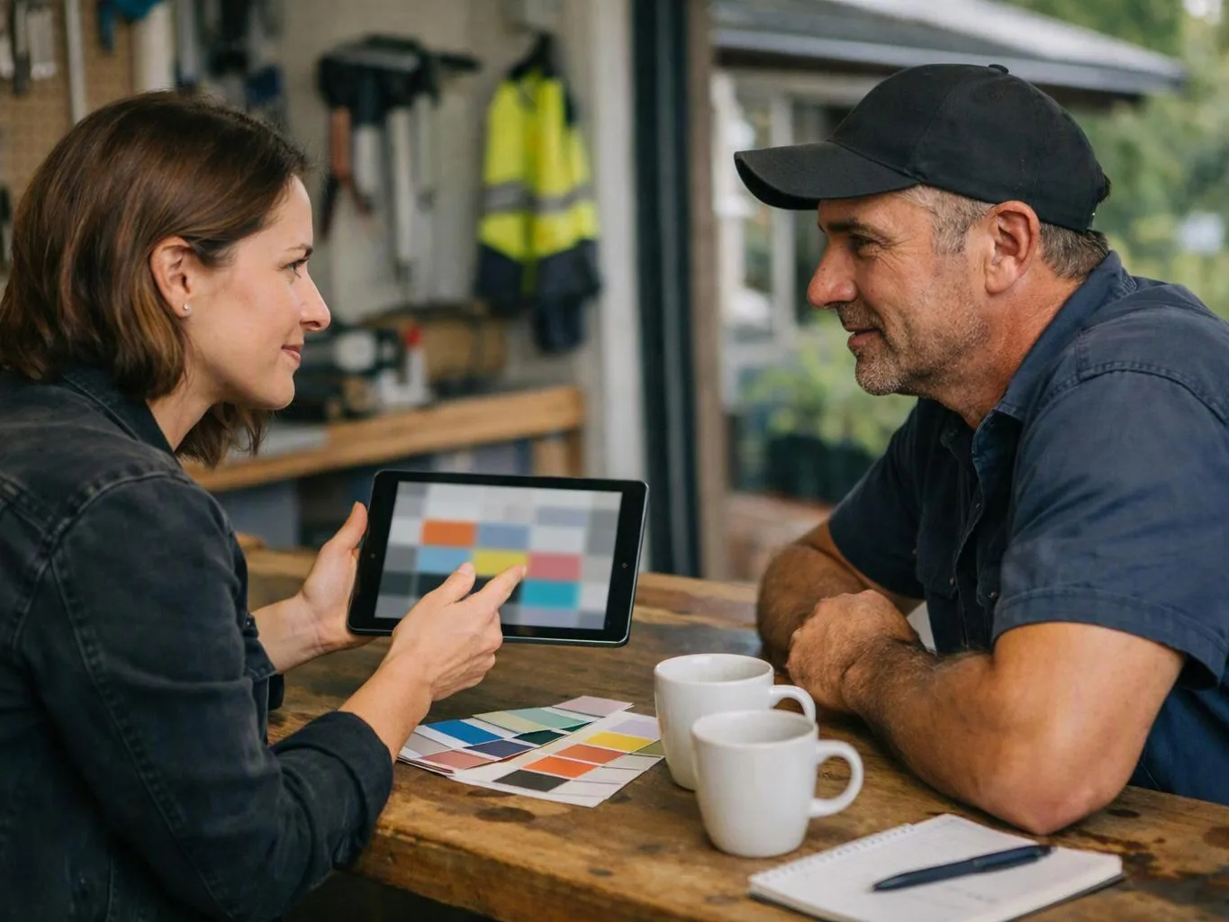 Two people sit at a wooden table, looking at a tablet with color swatches in a workshop setting