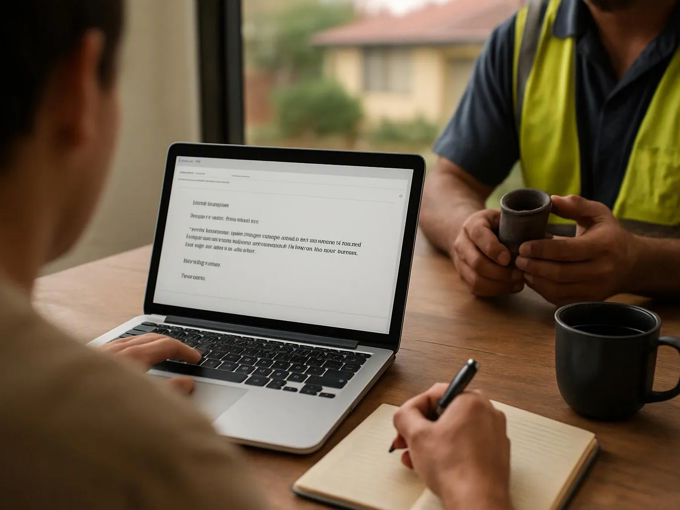 Two people sit at a wooden table, one typing on a laptop while the other holds a cup beside mugs and a notebook