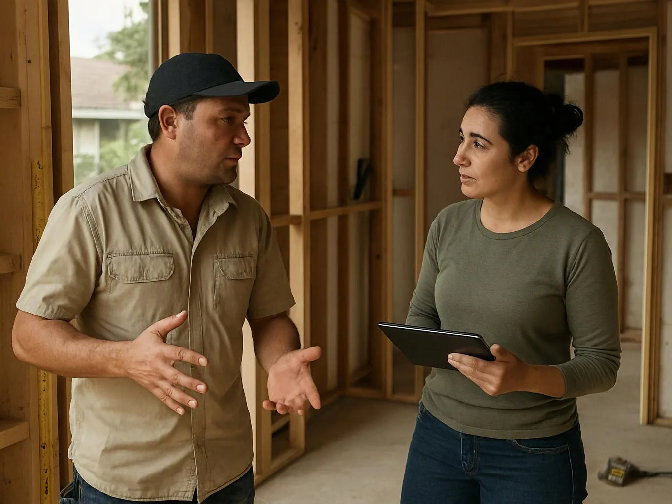 Two people stand inside a wooden-framed house under construction, talking while one holds a tablet