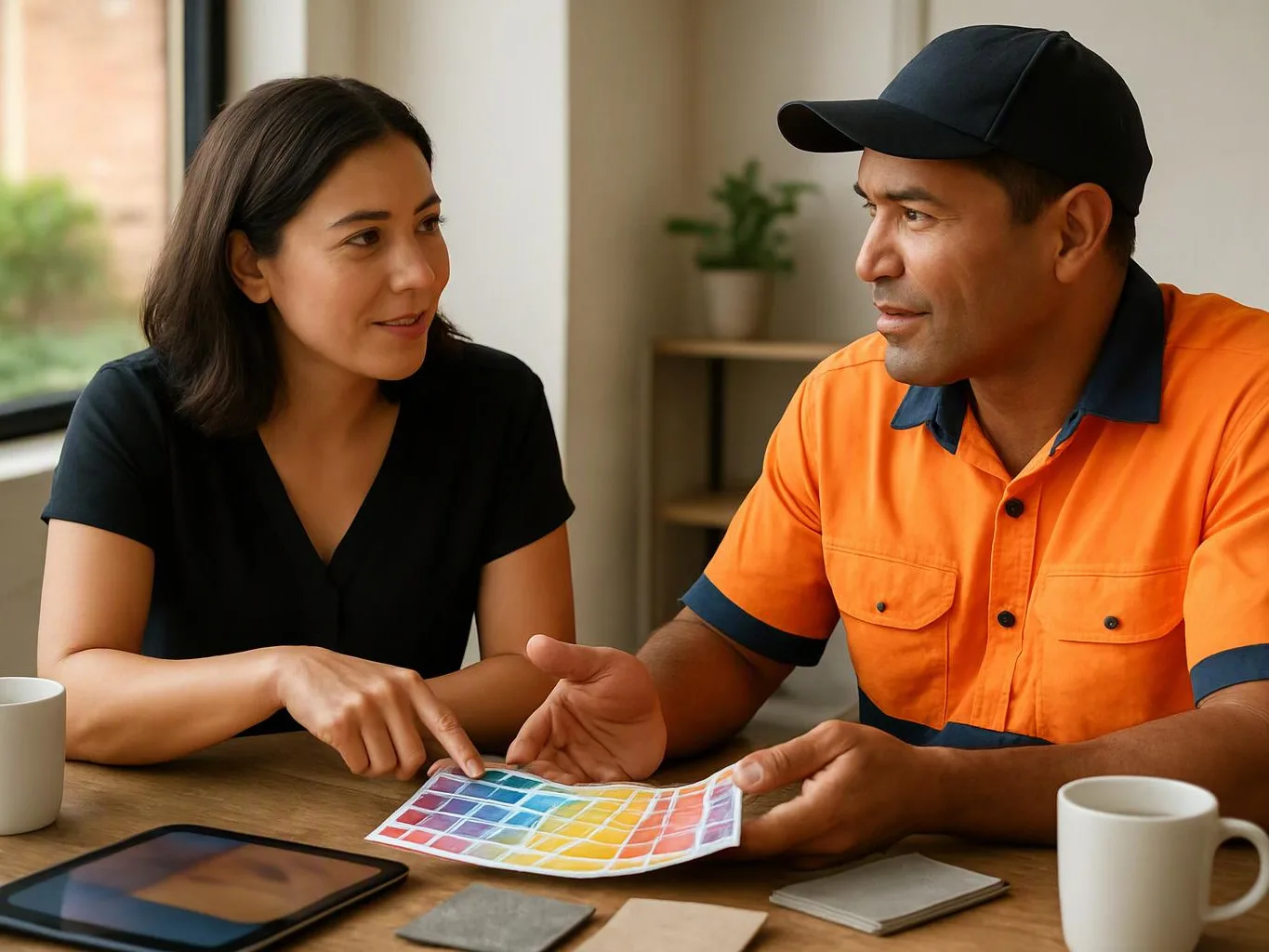 Two people study a color swatch sheet at a table with mugs, a tablet, and sample cards in a bright room