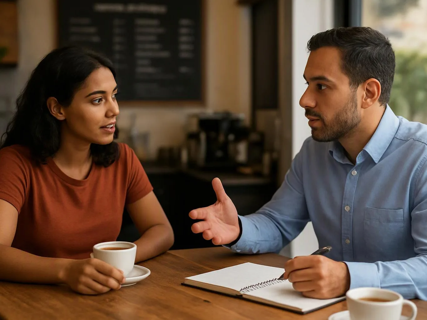 Two people talk across a wooden table in a café, with coffee cups and a notebook between them