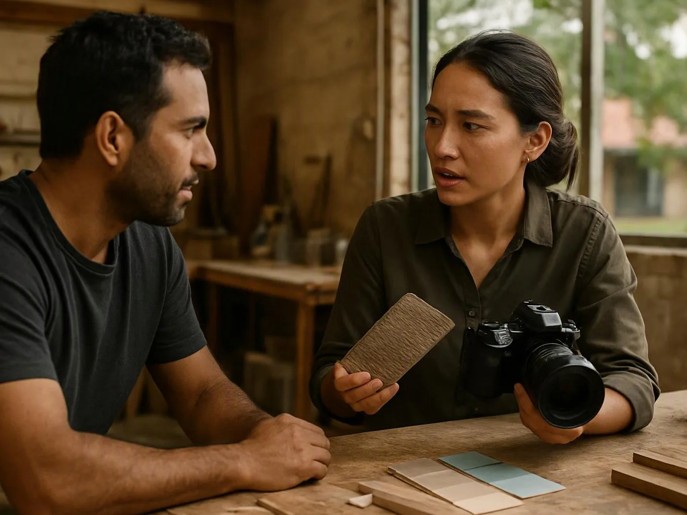 Two people talk at a wooden worktable, one holding a camera and a sample board in a workshop-like room