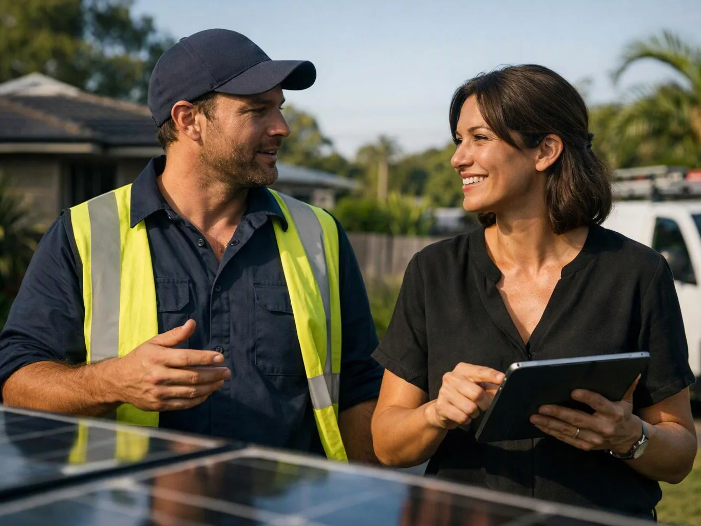 Two workers smile and talk outside while one holds a tablet and the other wears a safety vest and cap