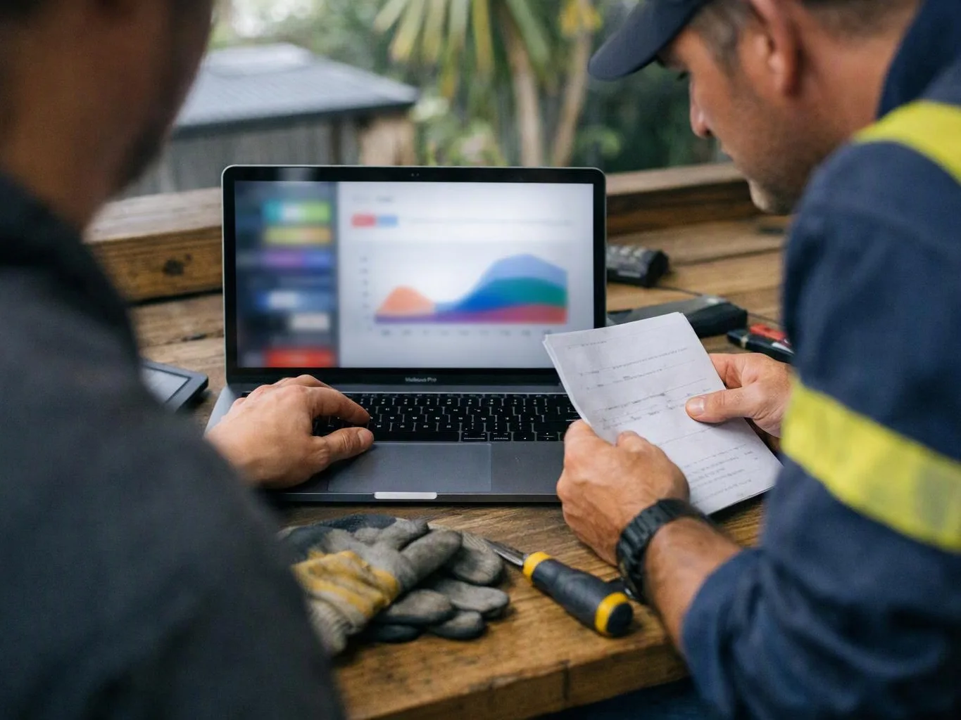 Two workers study a laptop chart and paperwork at a wooden outdoor table with gloves and a screwdriver nearby