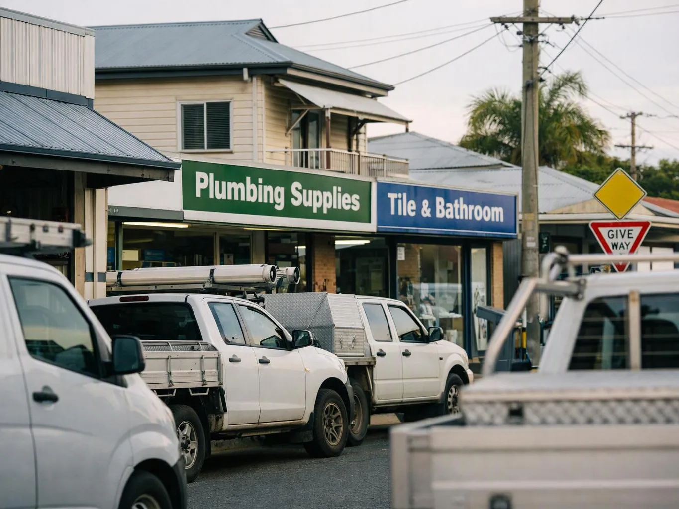 White utility trucks line a street outside shops with signs for Plumbing Supplies and Tile & Bathroom