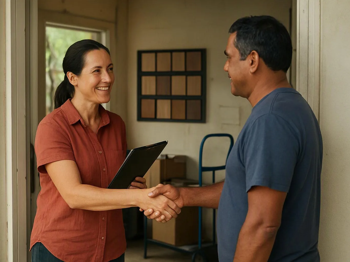 A woman with a clipboard shakes hands with a man in a doorway, standing in a simple indoor hallway