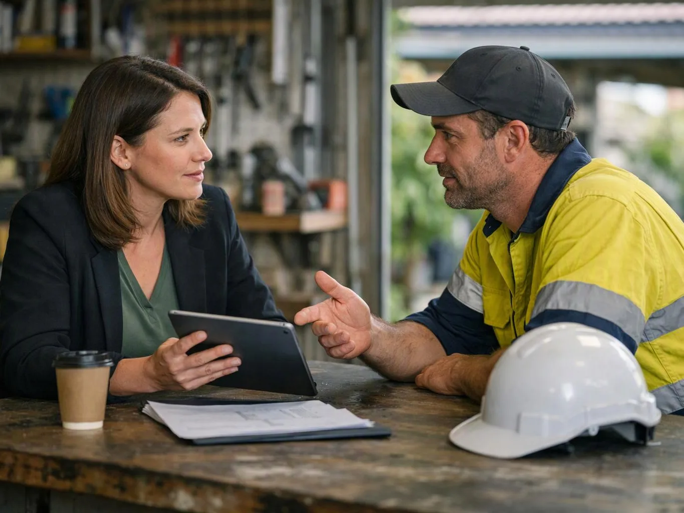 A woman holds a tablet while a man in a work shirt talks across a table with a hard hat and papers
