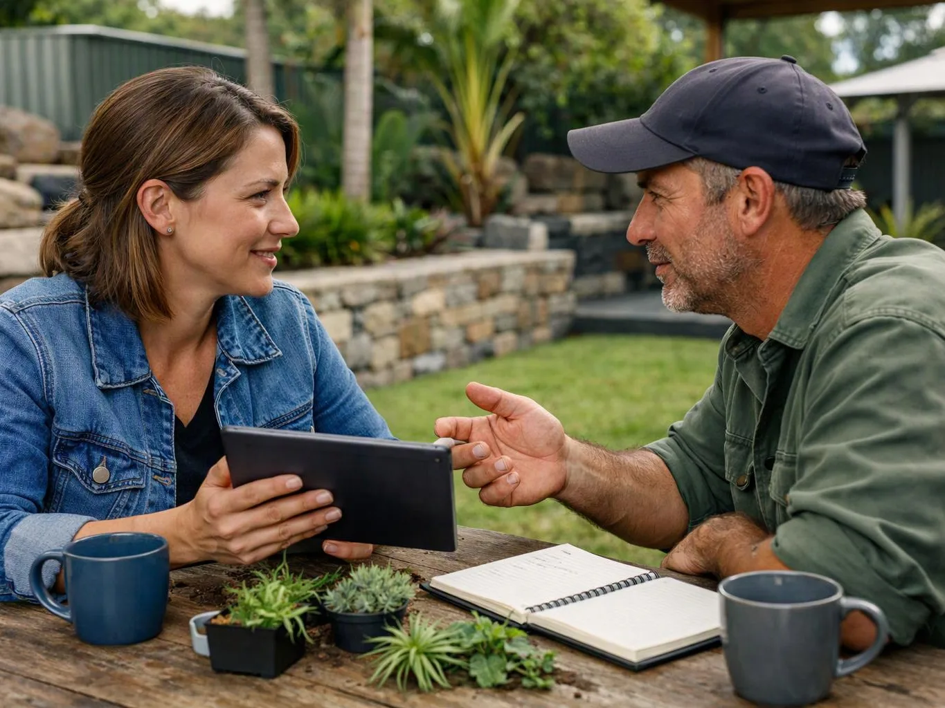 A woman and man talk at an outdoor table while she holds a tablet and he gestures beside an open notebook