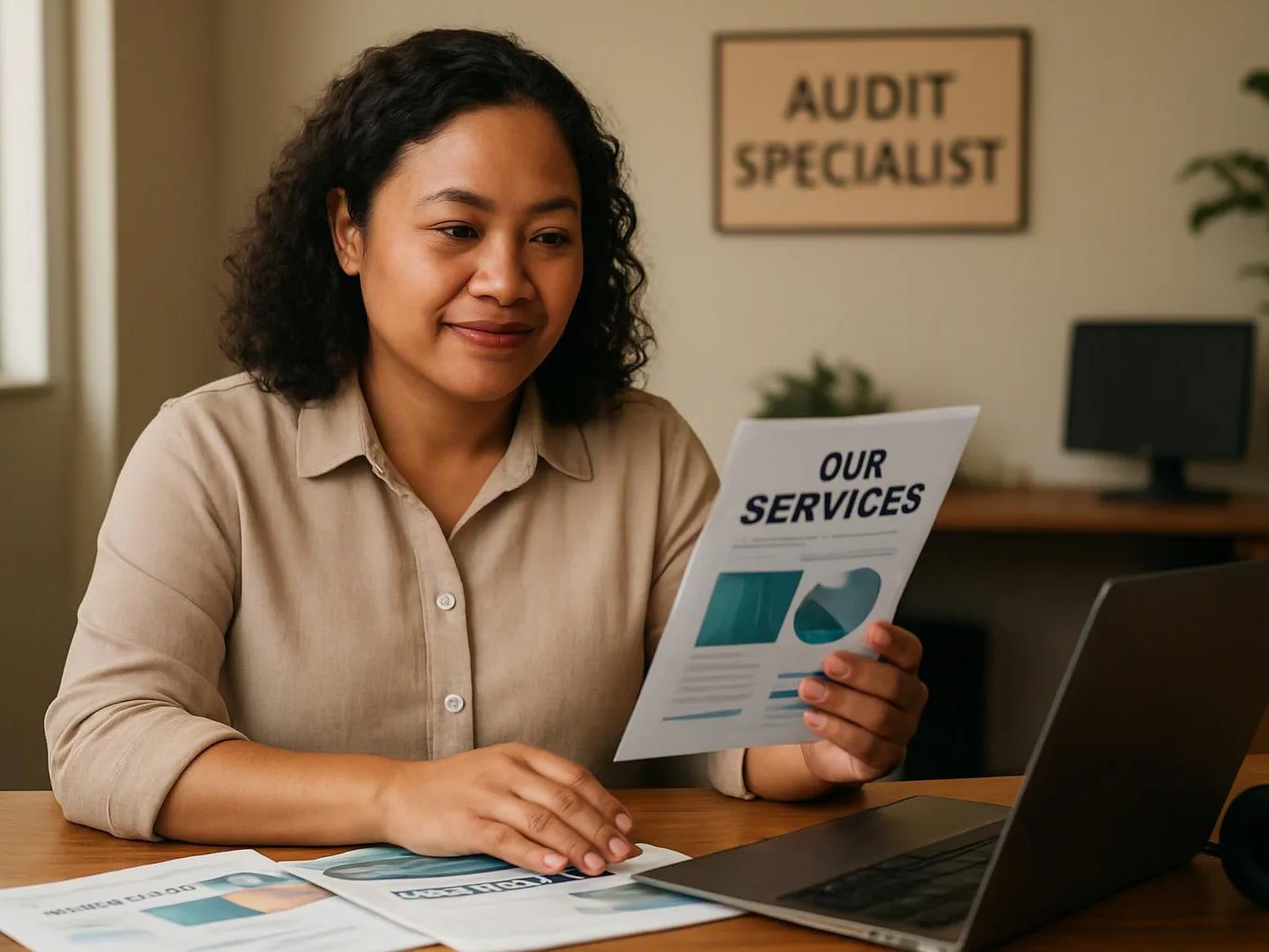 A woman sits at a desk holding a services brochure beside a laptop in a small office